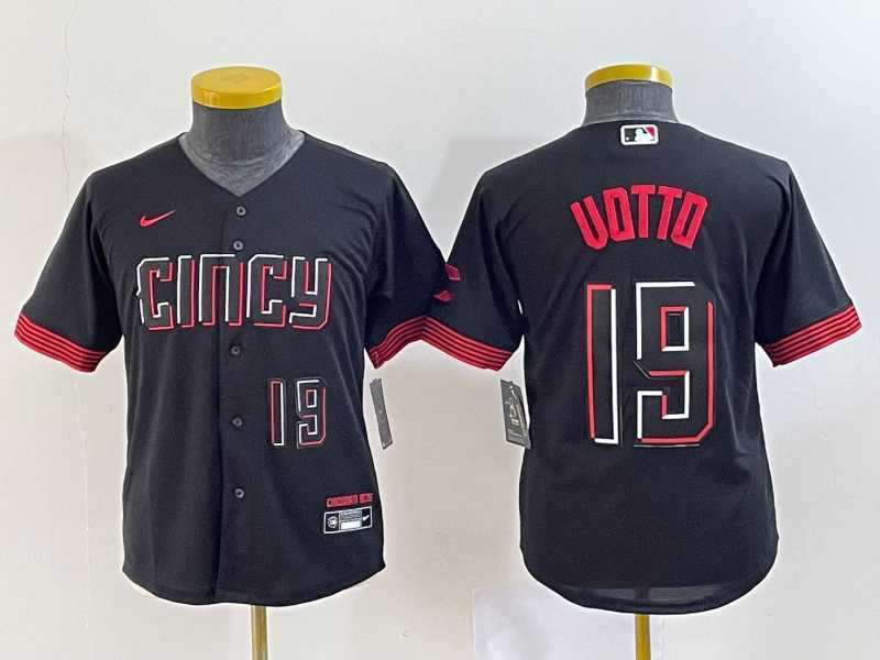 Youth Cincinnati Reds #19 Joey Votto Number Black 2023 City Connect Cool Base Stitched Jerseys